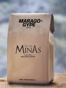 Close-up of the Maragogype specialty coffee bag from Finca Peña Blanca.